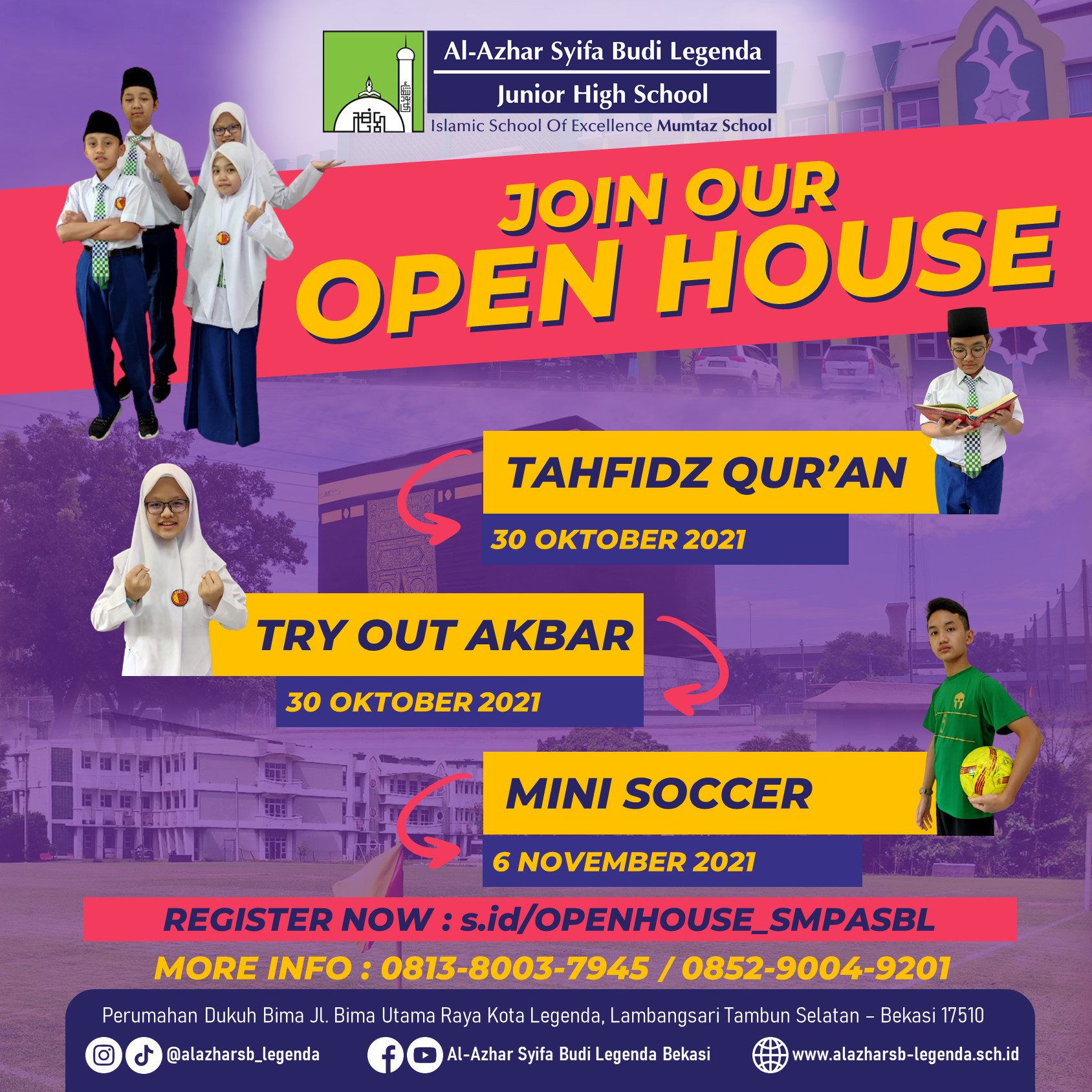 Open House SMP Al-Azhar Syifa Budi Legenda Try Out Akbar,  Tahfidz Qur’an & Mini Soccer 30 Oktober 2021