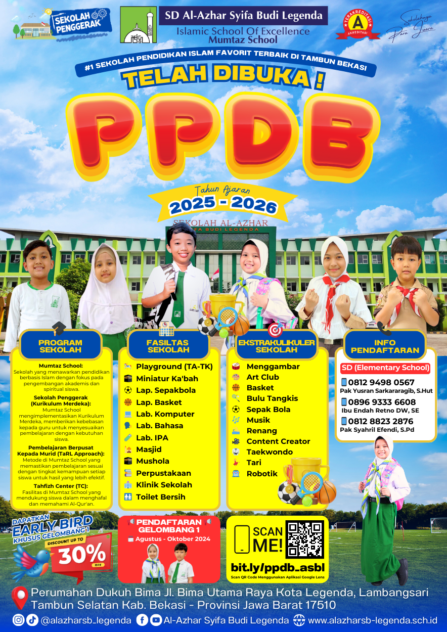 Telah Dibuka Penerimaan Peserta Didik Baru (PPDB) untuk Tahun Ajaran 2025-2026 Untuk  SD Al-Azhar Syifa Budi Legenda Islamic School!
